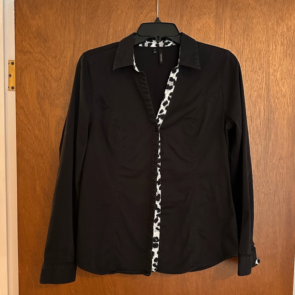 Black Button-Up Shirt with Animal Print Trim
